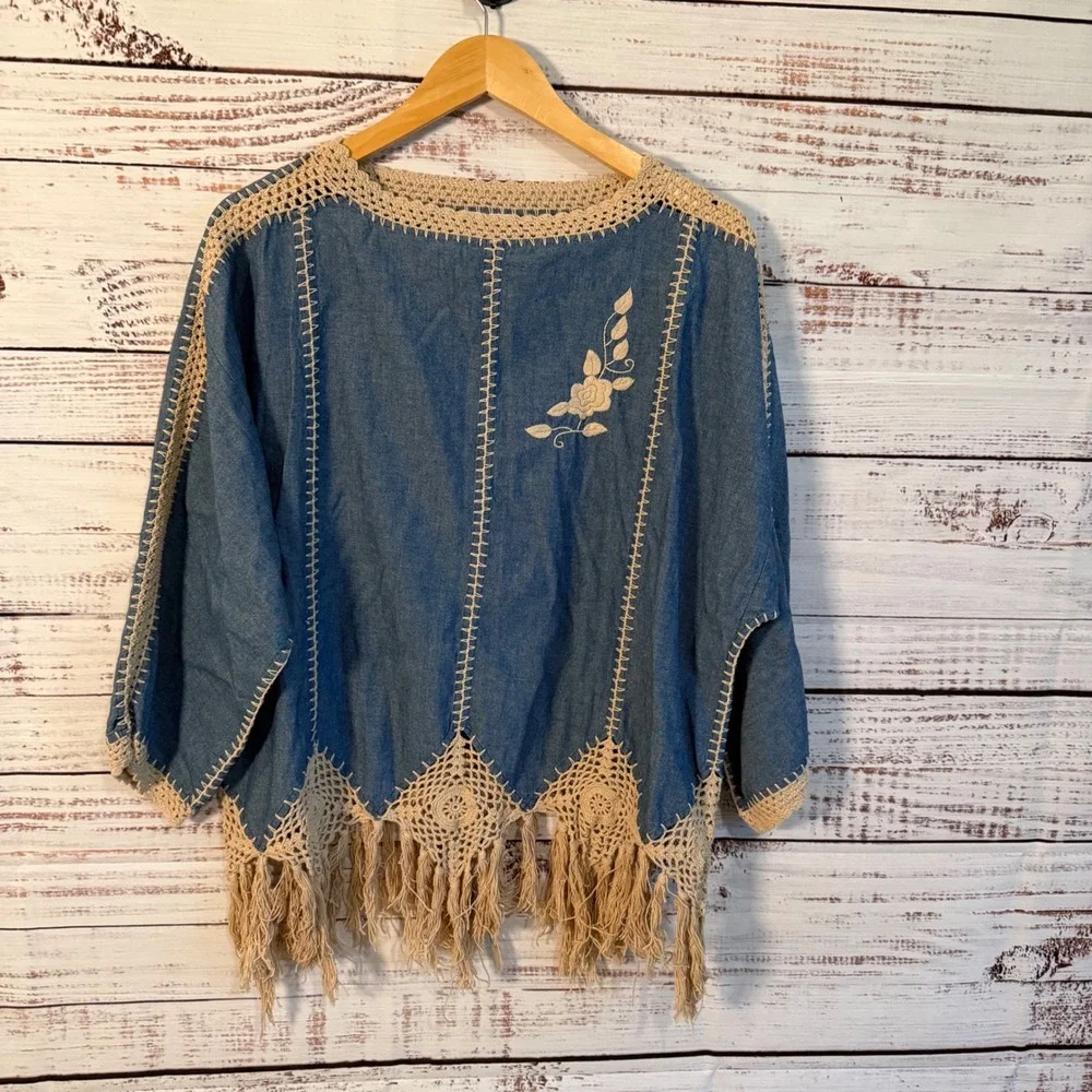 Womens Boho 2 Piece Set Blue Crochet Fringe Embroidered Pants Top Western L XL